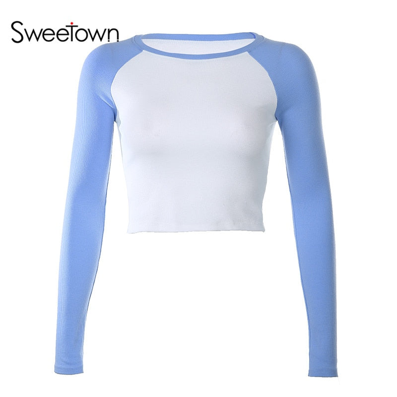 Sweetown 2020 Autumn Contrast Color Basic Crop Top Shirt Long Sleeve Streetwear Women Casual Slim Cute Kawaii T-Shirt Harajuku
