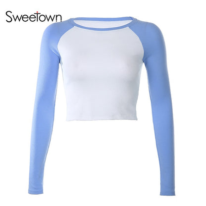 Sweetown 2020 Autumn Contrast Color Basic Crop Top Shirt Long Sleeve Streetwear Women Casual Slim Cute Kawaii T-Shirt Harajuku