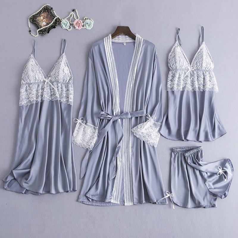 Satin Lace 5PCS Sleep Set Sexy Kimono Bathrobe Gown Female Robe Silky Nightwear Intimate Lingerie Casual Nightgown Sleepwear
