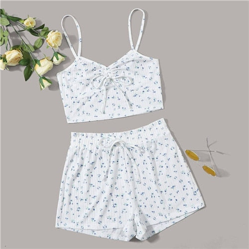 SHEIN White Ruched Knot Front Ditsy Floral Crop Cami Top and Shorts PJ Set Women Summer Rib-Knit Sleepwear Casual Pajama Sets