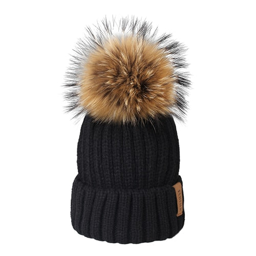 Furtalk Real Fur pompom Beanie Hat Women Winter Knitted Hat Warm Real Big Raccoon Pom Pom Hat for Female