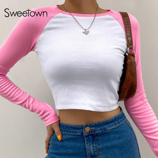 Sweetown 2020 Autumn Contrast Color Basic Crop Top Shirt Long Sleeve Streetwear Women Casual Slim Cute Kawaii T-Shirt Harajuku