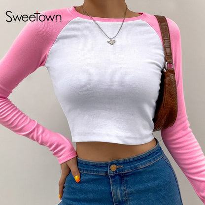 Sweetown 2020 Autumn Contrast Color Basic Crop Top Shirt Long Sleeve Streetwear Women Casual Slim Cute Kawaii T-Shirt Harajuku