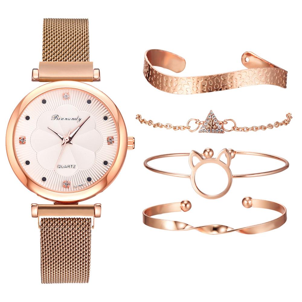 Elegant Lady Watches Bralcet Gift Wristwatch for Women 5 PCS Set Casual Fashion Rose Gold Female Wristwatch Gift