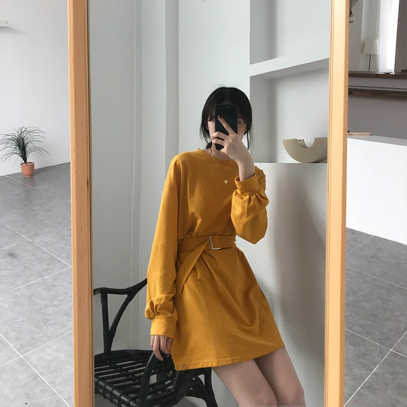 New Spring Autumn Dress Women With Belt Red Korean Dresses Woman Long Sleeve Solid Casual Short Dress Vestidos Mujer Robes