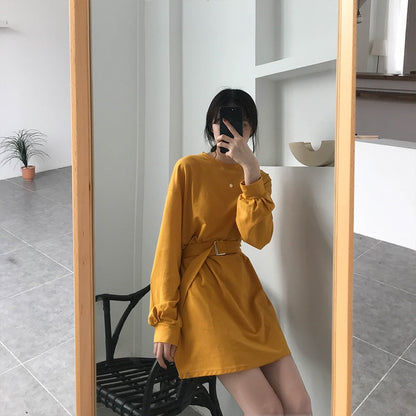 New Spring Autumn Dress Women With Belt Red Korean Dresses Woman Long Sleeve Solid Casual Short Dress Vestidos Mujer Robes