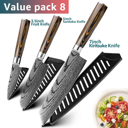 Kitchen knife Japanese Chef Knives 7CR17 440C Stainless Steel Imitation Damascus Knife Meat Cleaver Slicer Santoku Cutter Set