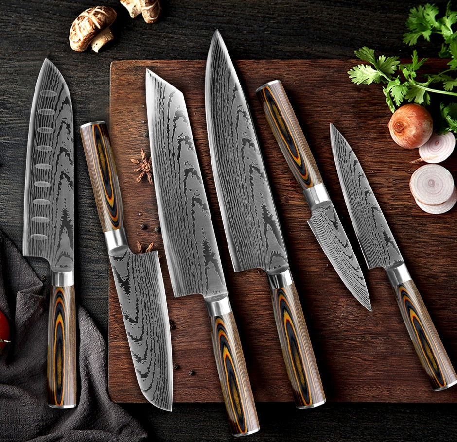 Kitchen knife Japanese Chef Knives 7CR17 440C Stainless Steel Imitation Damascus Knife Meat Cleaver Slicer Santoku Cutter Set