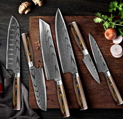 Kitchen knife Japanese Chef Knives 7CR17 440C Stainless Steel Imitation Damascus Knife Meat Cleaver Slicer Santoku Cutter Set