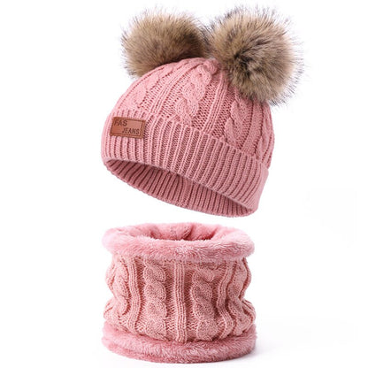 Two pieces Hat Scarf Set Beanie Cap Children's Hats Girls Caps Fake Ball Pompon Keep Warm Winter Knitted Skullies Kids Bone