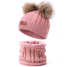 将图片加载到图库查看器，Two pieces Hat Scarf Set Beanie Cap Children&#39;s Hats Girls Caps Fake Ball Pompon Keep Warm Winter Knitted Skullies Kids Bone
