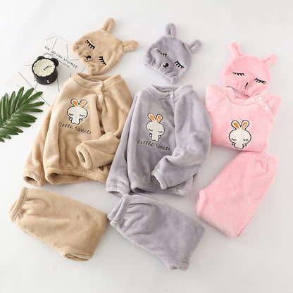 Kids Flannel Pajamas Sets Children Toddler Boys Girls PJS Thick Warm Top and Pants with Hat Fall Autumn Winter Sleepwear