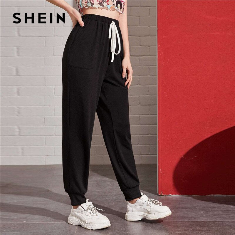 SHEIN Light Grey Knot Waist Slant Pocket Pants Women Summer Elastic Waist Ladies Casual Sporting Cropped Trousers Sweatpants