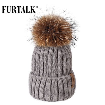 Furtalk Real Fur pompom Beanie Hat Women Winter Knitted Hat Warm Real Big Raccoon Pom Pom Hat for Female