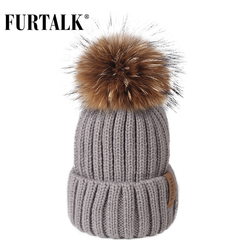 Furtalk Real Fur pompom Beanie Hat Women Winter Knitted Hat Warm Real Big Raccoon Pom Pom Hat for Female
