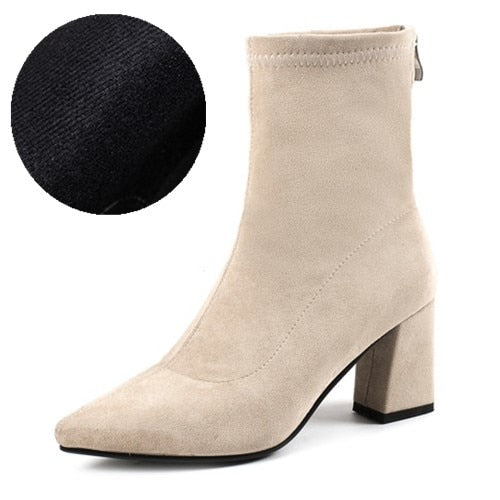 Fashion Ankle Elastic Sock Boots Chunky High Heels Stretch Women Autumn Sexy Booties Pointed Toe Women Pump Size 33-43