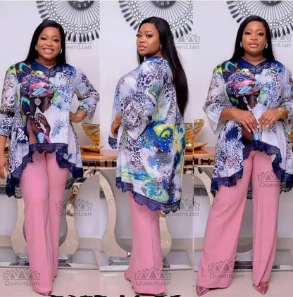African New Fashion Lace Collar Suit (Dress and Trousers)Bat SLeeve Suit Oversized African For Lady(KSTZ1#)