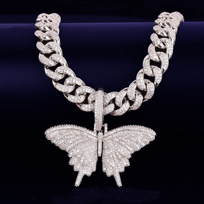 With 14MM Cuban Chain Gold Color Animal butterfly Pendant Necklace Bling AAA Zircon Men's Hip Hop Jewelry For Gift