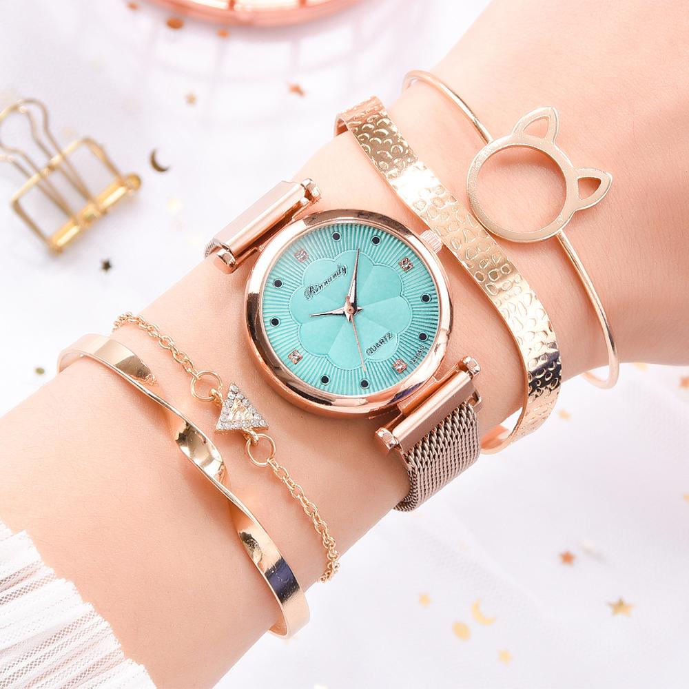 Elegant Lady Watches Bralcet Gift Wristwatch for Women 5 PCS Set Casual Fashion Rose Gold Female Wristwatch Gift