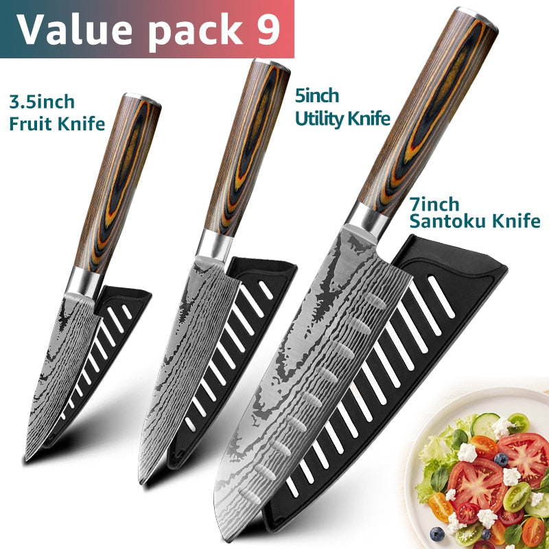 Kitchen knife Japanese Chef Knives 7CR17 440C Stainless Steel Imitation Damascus Knife Meat Cleaver Slicer Santoku Cutter Set