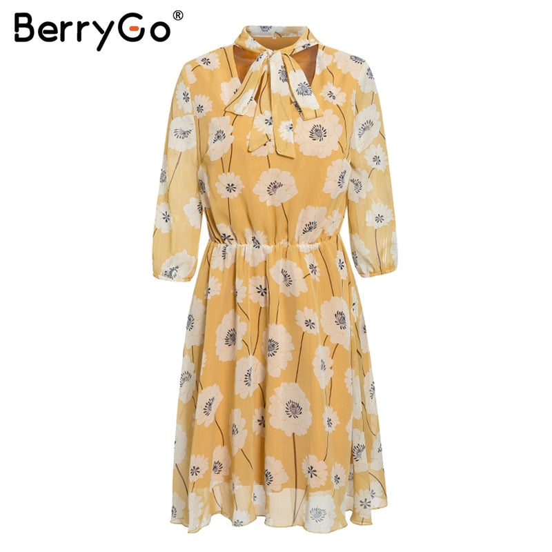 BerryGo Vintage floral print boho dress women Casual long sleeve spring party dress High waist work wear office ladies dress