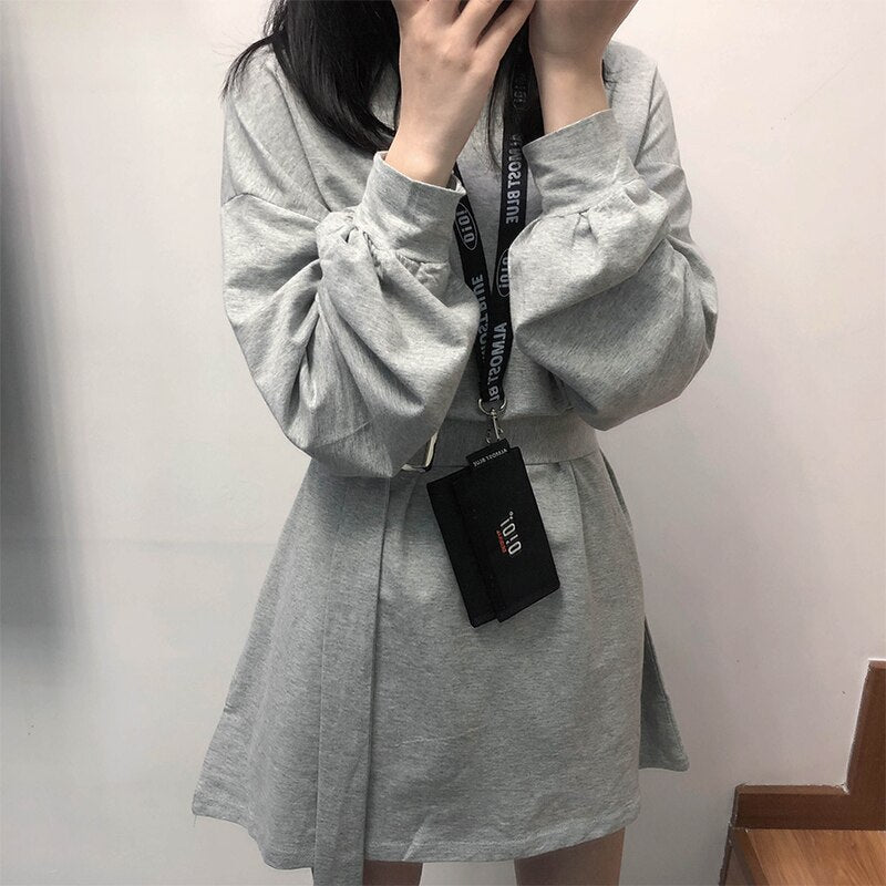New Spring Autumn Dress Women With Belt Red Korean Dresses Woman Long Sleeve Solid Casual Short Dress Vestidos Mujer Robes