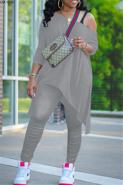 CM.YAYA Women Off Shoulder Irregular Long Sleeve Tops Stacked Pants Suit Active Wear Tracksuit Two Piece Set Fitness Outfits