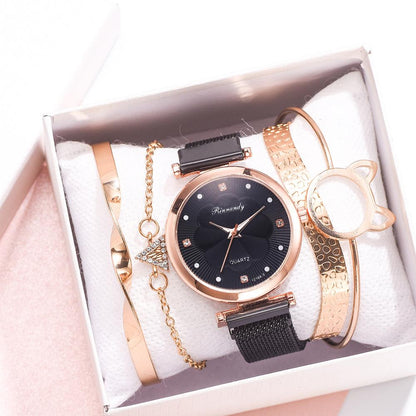 Elegant Lady Watches Bralcet Gift Wristwatch for Women 5 PCS Set Casual Fashion Rose Gold Female Wristwatch Gift