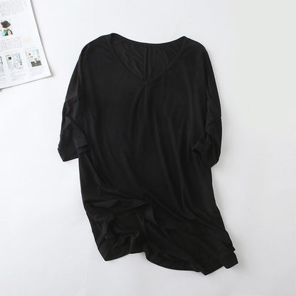 Women's Bat Sleeve T-shirt Korean Japan Style V-neck Solid Color Middle Sleeve Top Casual Summer Tee Large Size