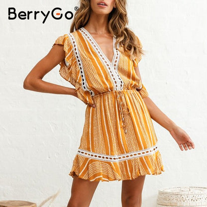 BerryGo Ruffle sleeveless boho dress women Floral print high waist summer dress 2020 Beach wear cotton a line mini dress casual