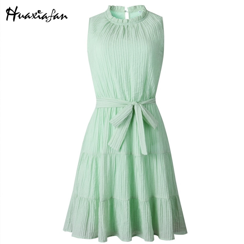 Huaxiafan women dresses dress white solid dresses Elegant sleeveless bow belt ruffle neck summer holiday mini dress Vestidos