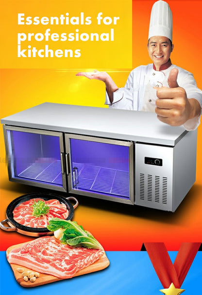 Double Temperature Kitchen Stainless Steel Under-Counter Refrigerator Blu-ray Glass Doors Commercial Refrigerator Freezer