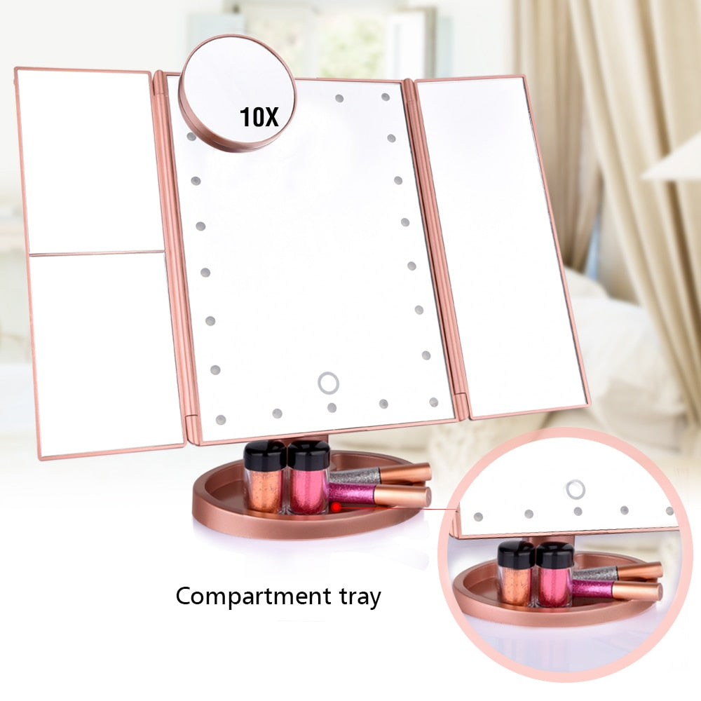 Makeup Mirror LED Touch Screen 22 Light Table Desktop Makeup 1X/2X/3X/10X Magnifying Mirrors Vanity 3 Folding Adjustable Mirror