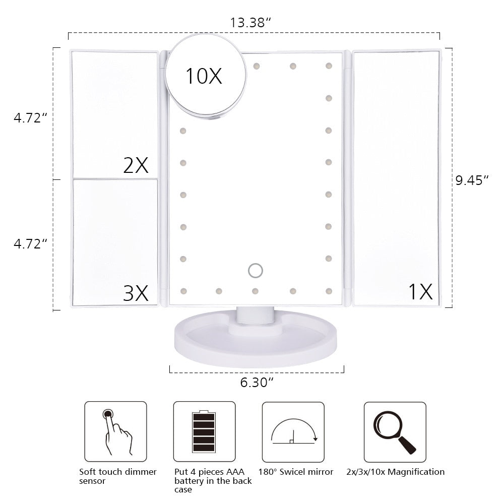 Makeup Mirror LED Touch Screen 22 Light Table Desktop Makeup 1X/2X/3X/10X Magnifying Mirrors Vanity 3 Folding Adjustable Mirror