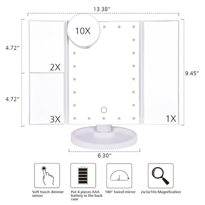 Makeup Mirror LED Touch Screen 22 Light Table Desktop Makeup 1X/2X/3X/10X Magnifying Mirrors Vanity 3 Folding Adjustable Mirror