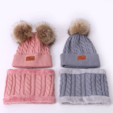 Load image into Gallery viewer, Two pieces Hat Scarf Set Beanie Cap Children&#39;s Hats Girls Caps Fake Ball Pompon Keep Warm Winter Knitted Skullies Kids Bone
