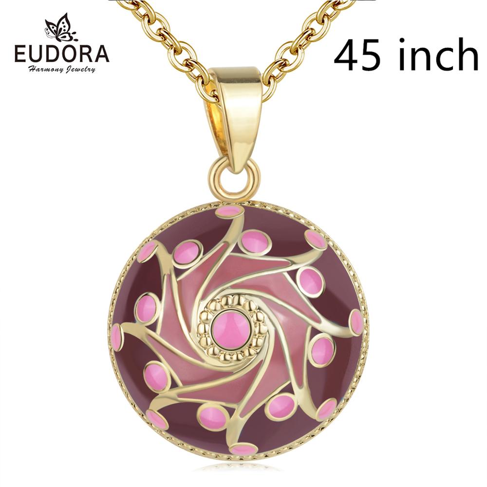 EUDORA Original Enamel Craft Pink Harmony Ball Musical Pendant Universe Planet Necklace For Mom Baby Pregnancy Jewelry Gift Idea