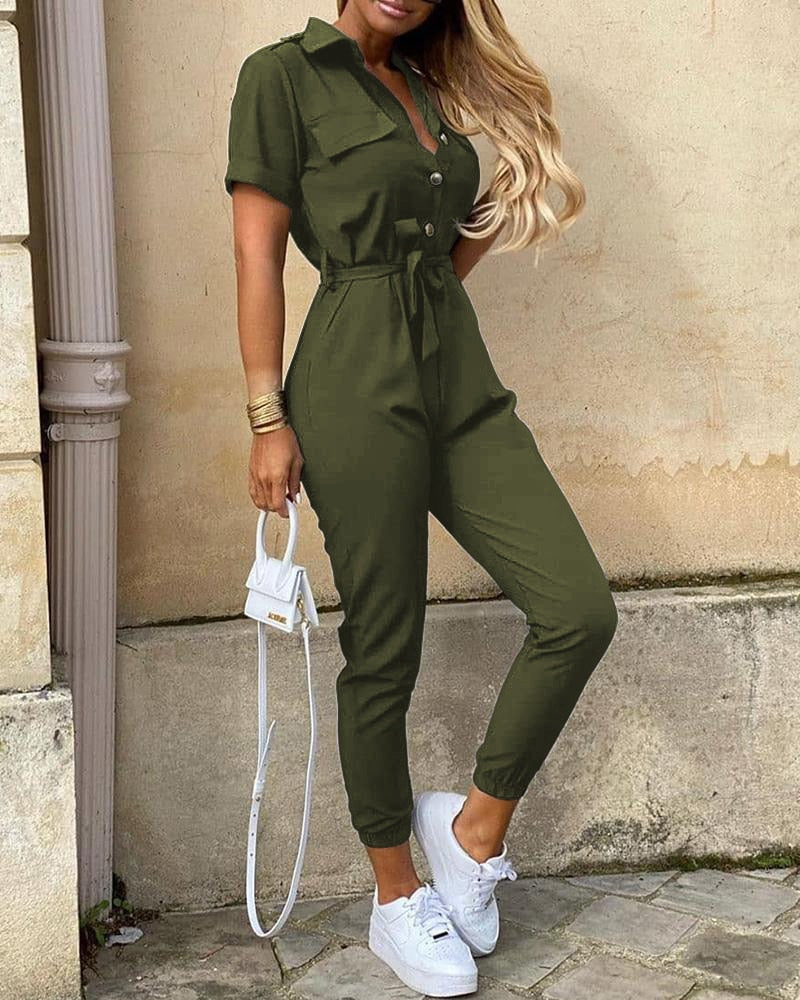 Women Casual Solid Color Jumpsuit 2020 Summer Deep V Neck Button Shirt Overalls Short Sleeve Office Lady One Piece Romper Belt