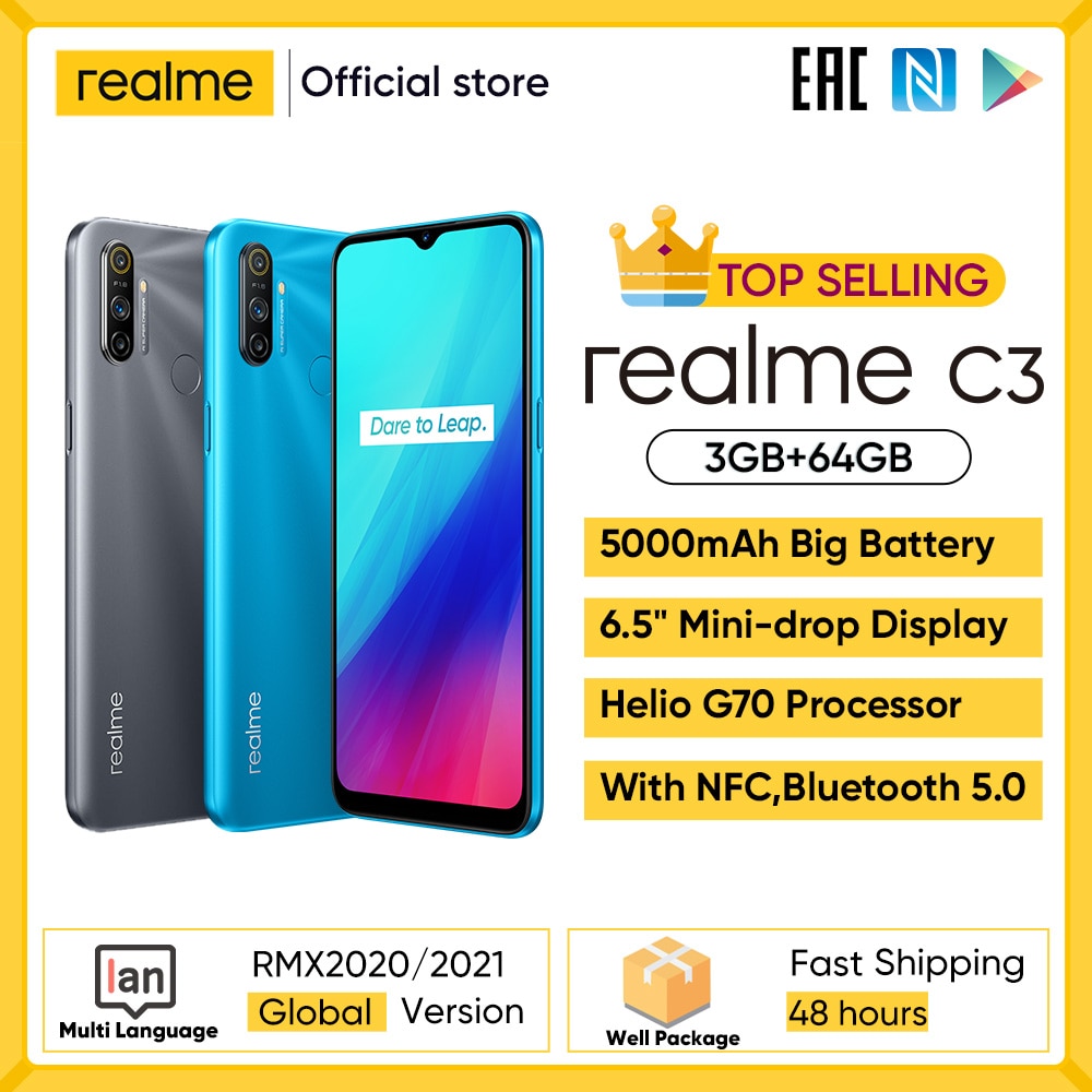 realme C3 Unlockphone 3GB RAM 64GB ROM Mobile Phone Helio G70 12MP Camera 6.5" Mini-drop Fullscreen 5000mAh NFC Smartphones