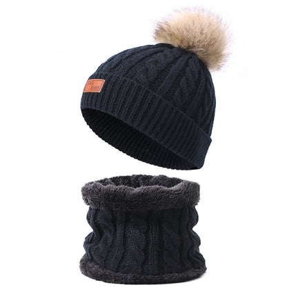 Two pieces Hat Scarf Set Beanie Cap Children's Hats Girls Caps Fake Ball Pompon Keep Warm Winter Knitted Skullies Kids Bone