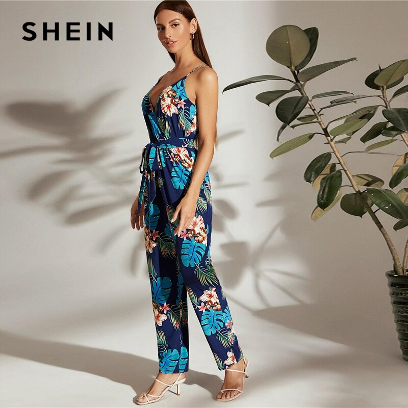 SHEIN Multicolor Surplice Neck Self Belted Tropical Cami Jumpsuit Women Summer High Waist Sleeveless Long Boho Jumpsuits