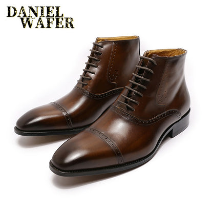 FASHION MENS ANKLE BOOTS FORMAL MEN DRESS GENUINE LEATHER SHOES WESTERN BOOTS BLACK BROWN CAP TOE LACE UP CASUAL BASIC BOOTS MEN