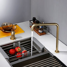 Charger l&#39;image dans la galerie, Brush Gold Sdolid Brass Single Handle Kitchen Mixer Tap 360 Degree Swivel Spout Brushed Gold 2 hole Deck Mounted Sink Faucet
