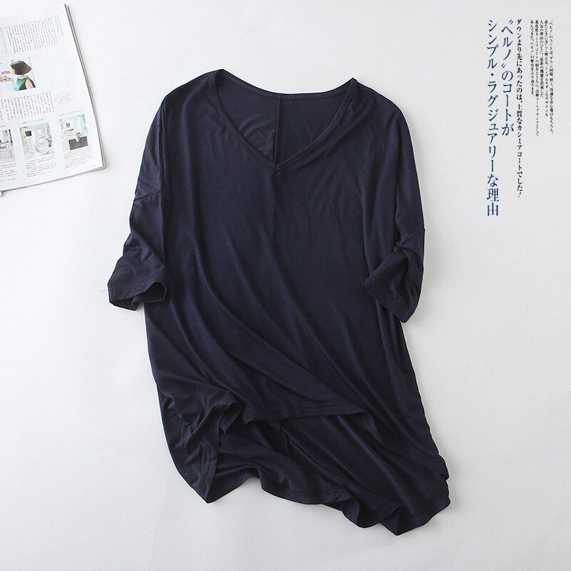 Women's Bat Sleeve T-shirt Korean Japan Style V-neck Solid Color Middle Sleeve Top Casual Summer Tee Large Size