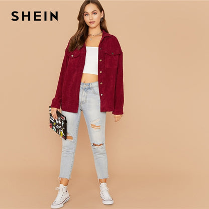 SHEIN Flap Pocket Front Cord Casual Jacket Coat Women Autumn Winter Single Breasted Long Sleeve Casual Solid Outwear Coats