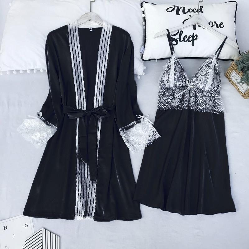 Satin Lace 5PCS Sleep Set Sexy Kimono Bathrobe Gown Female Robe Silky Nightwear Intimate Lingerie Casual Nightgown Sleepwear