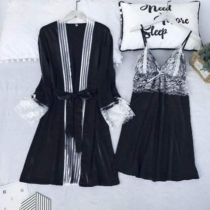 Satin Lace 5PCS Sleep Set Sexy Kimono Bathrobe Gown Female Robe Silky Nightwear Intimate Lingerie Casual Nightgown Sleepwear
