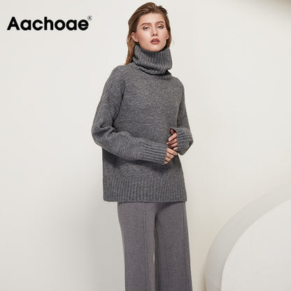 Aachoae Autumn Winter Women Knitted Turtleneck Cashmere Sweater 2020 Casual Basic Pullover Jumper Batwing Long Sleeve Loose Tops