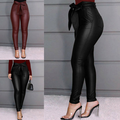Hirigin Belt High Waist Pencil Pant Women Faux Leather PU Sashes Long Trousers Casual Sexy Exclusive Design Fashion Pants