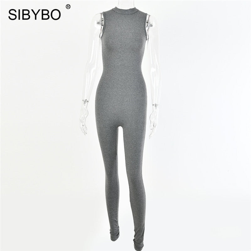 Sibybo Sleeveless Skinny Summer Rompers Womens Jumpsuit O-Neck Invisible Zipper Sexy Jumpsuit Women Solid Sport Casual Overalls